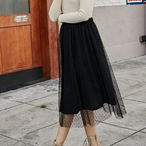 Classic Black Polka Dot Mesh Midi Skirt Minimalist - Picture 3 of 5